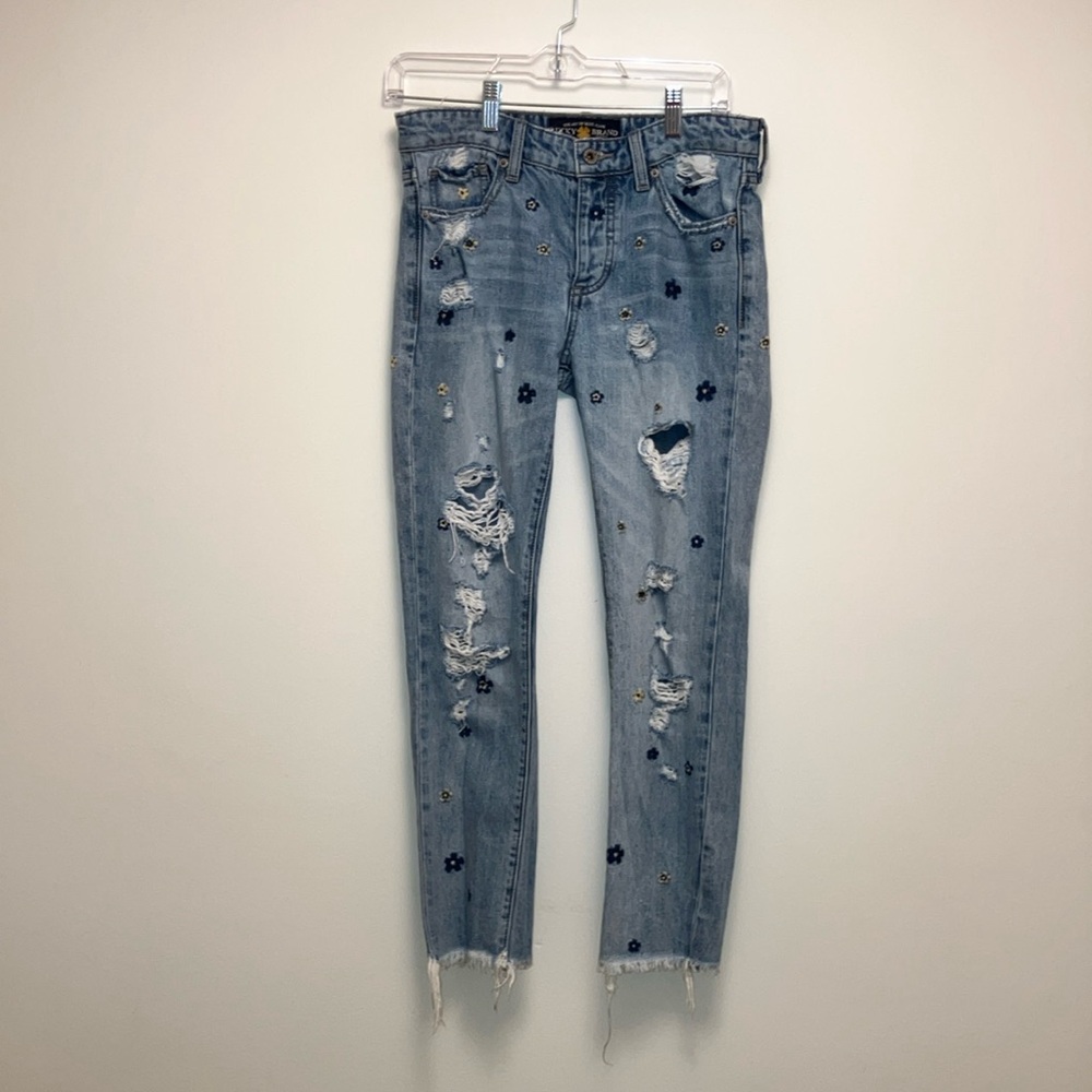 Lucky Brand Sienna Slim Boyfriend Flower Embroidered Button Fly Jeans
